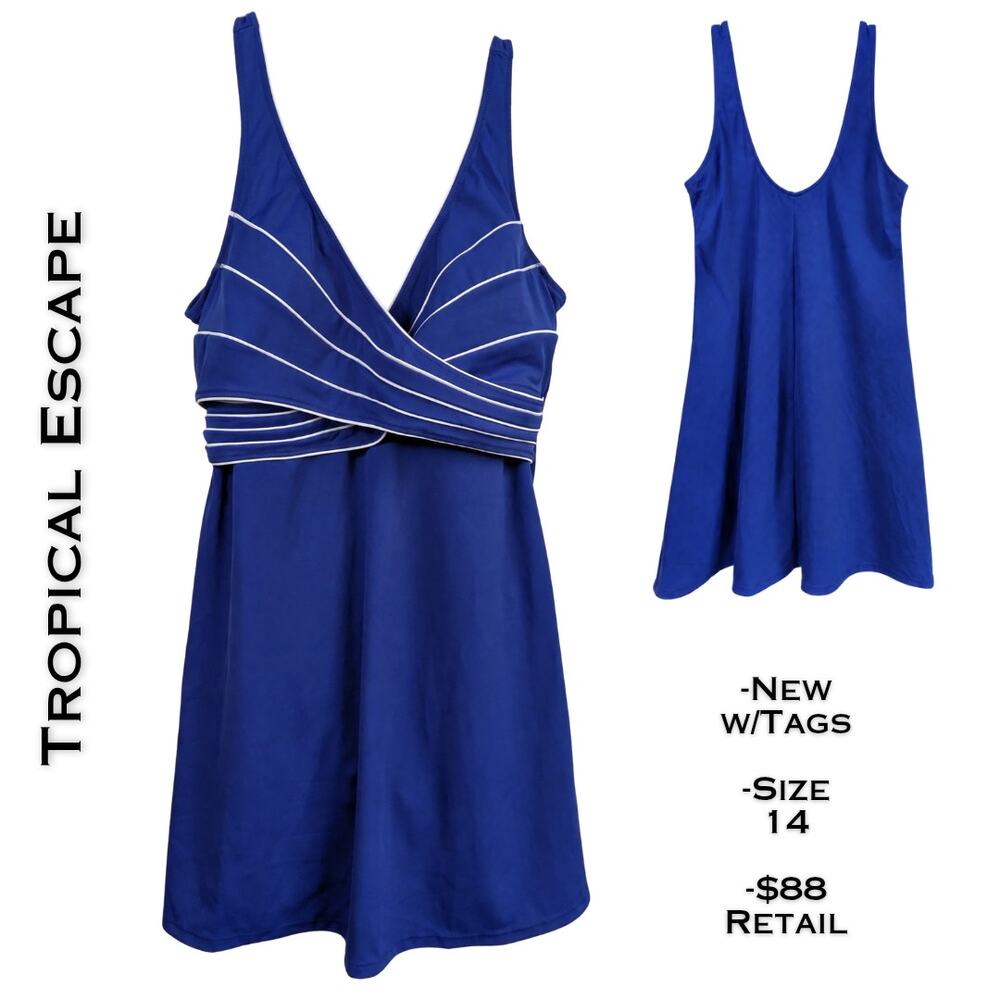Tropical Escape Sunburst Swimdress One Piece Women’s 14 Blue New With Tags